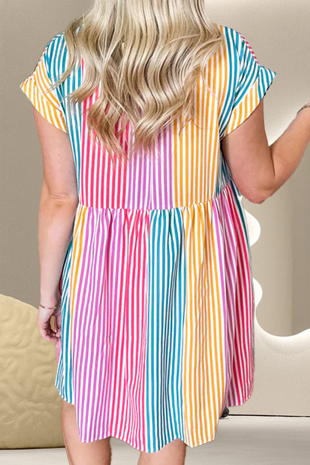 Striped Collared Neck Cap Sleeve Mini Dress