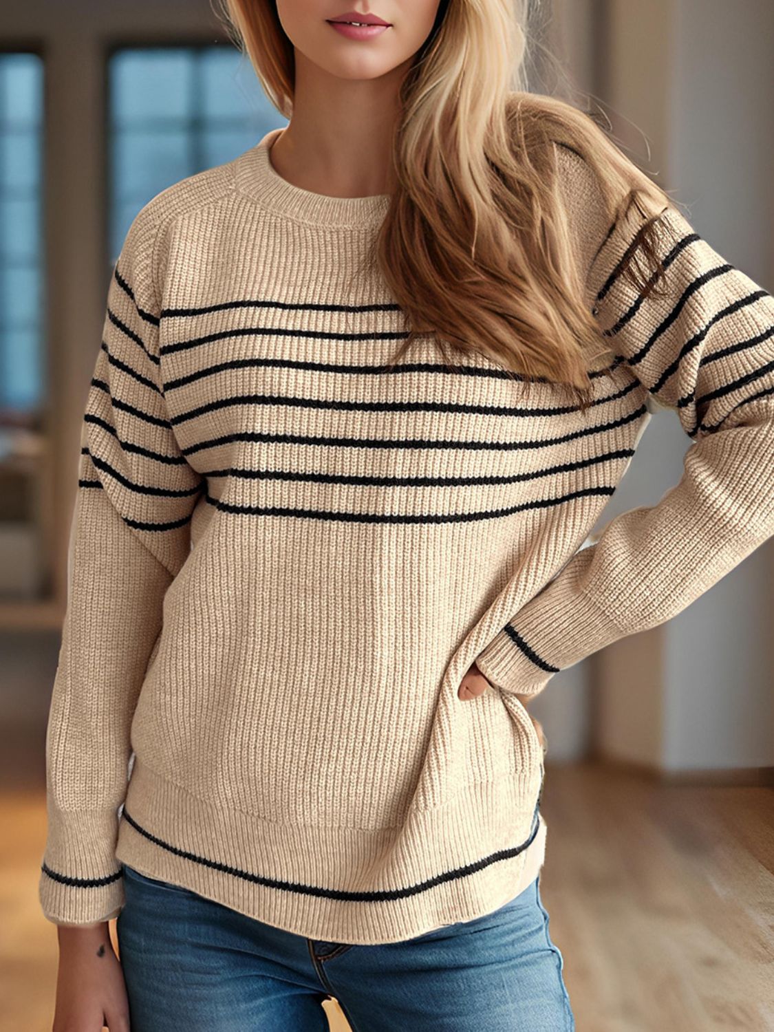 Striped Round Neck Long Sleeve Sweater