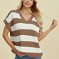 Double Take Full Size Striped V-Neck Short Sleeve Sweater