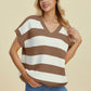 Double Take Full Size Striped V-Neck Short Sleeve Sweater