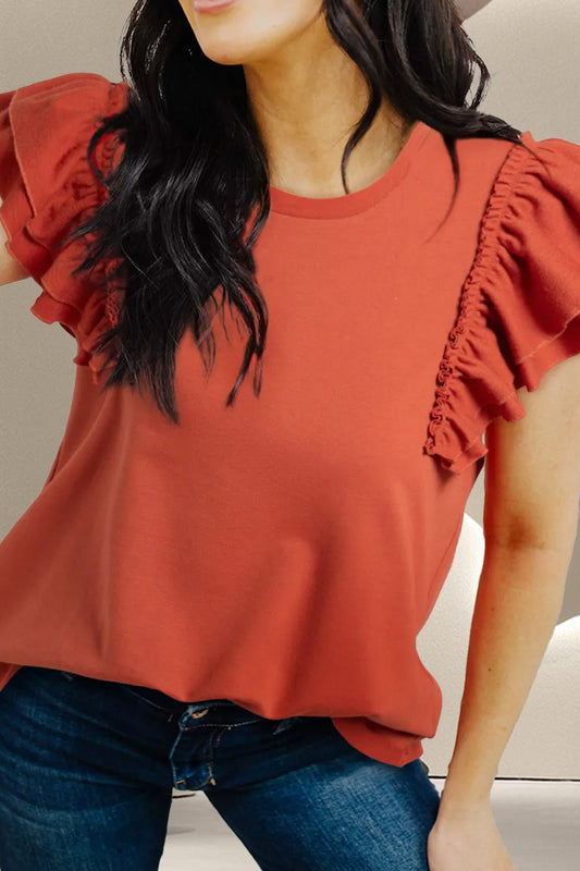 Ruffled Round Neck Cap Sleeve Blouse