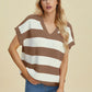 Double Take Full Size Striped V-Neck Short Sleeve Sweater