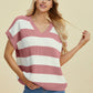 Double Take Full Size Striped V-Neck Short Sleeve Sweater