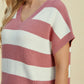 Double Take Full Size Striped V-Neck Short Sleeve Sweater