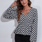 Checkered V-Neck Balloon Sleeve Peplum Blouse