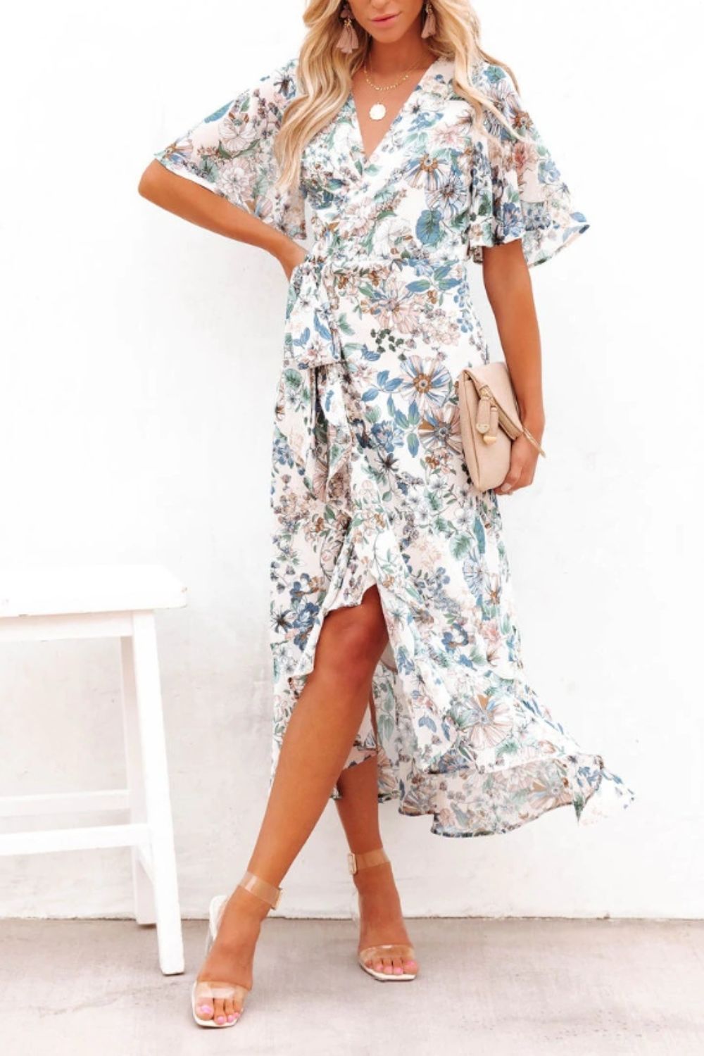 High-Low Printed Surplice Flutter Sleeve Midi Dress