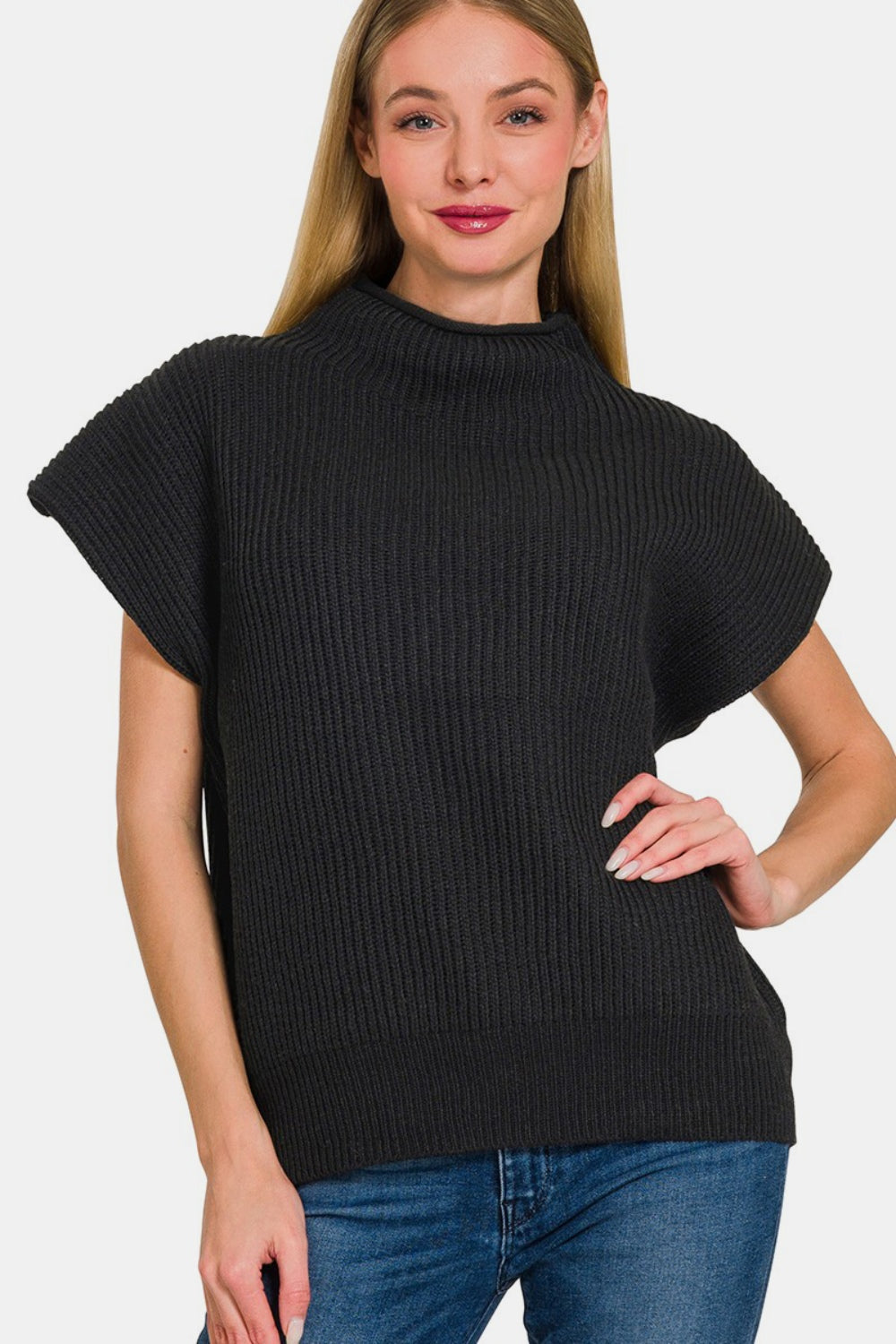 Zenana Short Sleeve Mock Neck Sweater