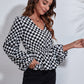 Checkered V-Neck Balloon Sleeve Peplum Blouse