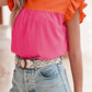 Ruffled Color Block Round Neck Cap Sleeve Blouse