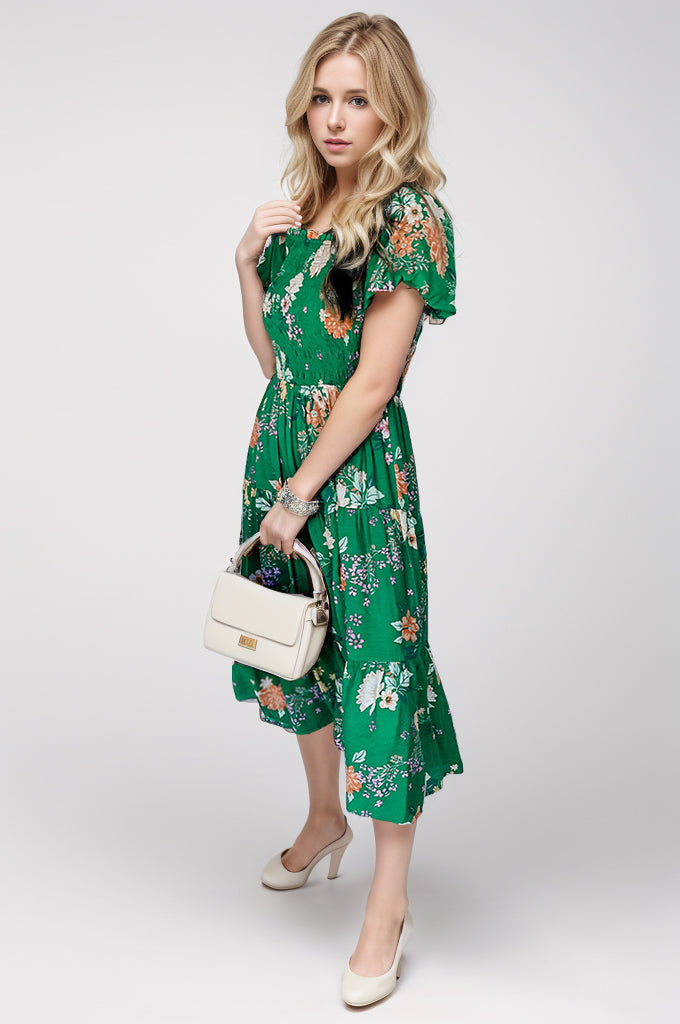 Smocked Printed Puff Sleeve Midi Dress