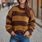 Contrast Striped Round Neck Long Sleeve Sweater