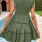 Frill Smocked V-Neck Tiered Dress