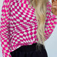 Checkered Mock Neck Long Sleeve Blouse