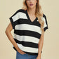 Double Take Full Size Striped V-Neck Short Sleeve Sweater