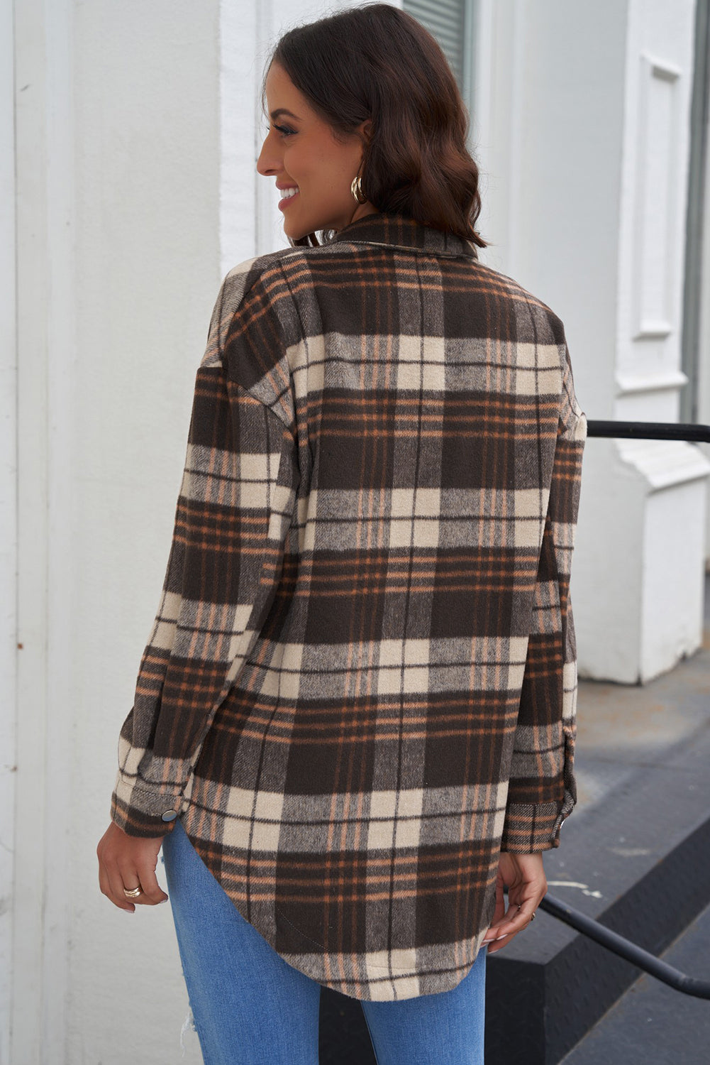 Plaid Curved Hem Dropped Shoulder Longline Shirt Jacket