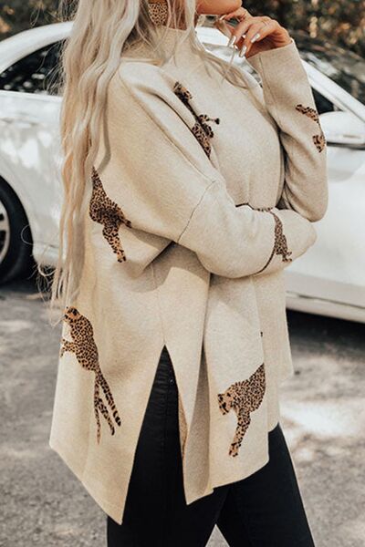 Animal Pattern Mock Neck Long Sleeve Slit Sweater