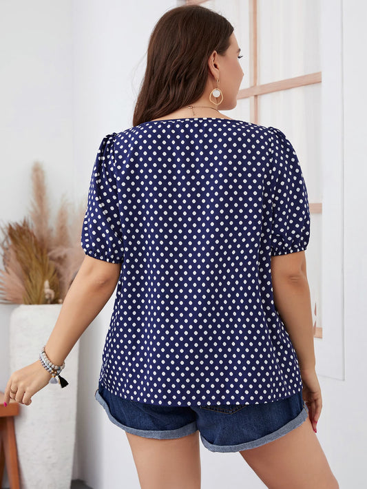 Plus Size Polka Dot Square Neck Blouse