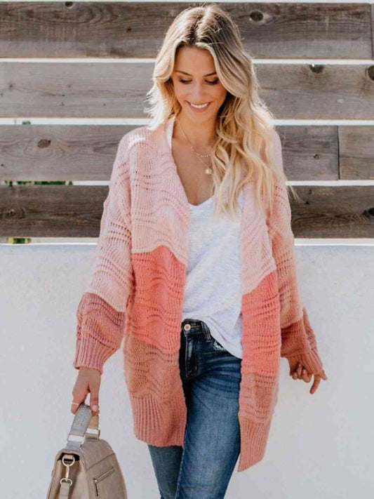 Color Block  Openwork Open Front Cardigan