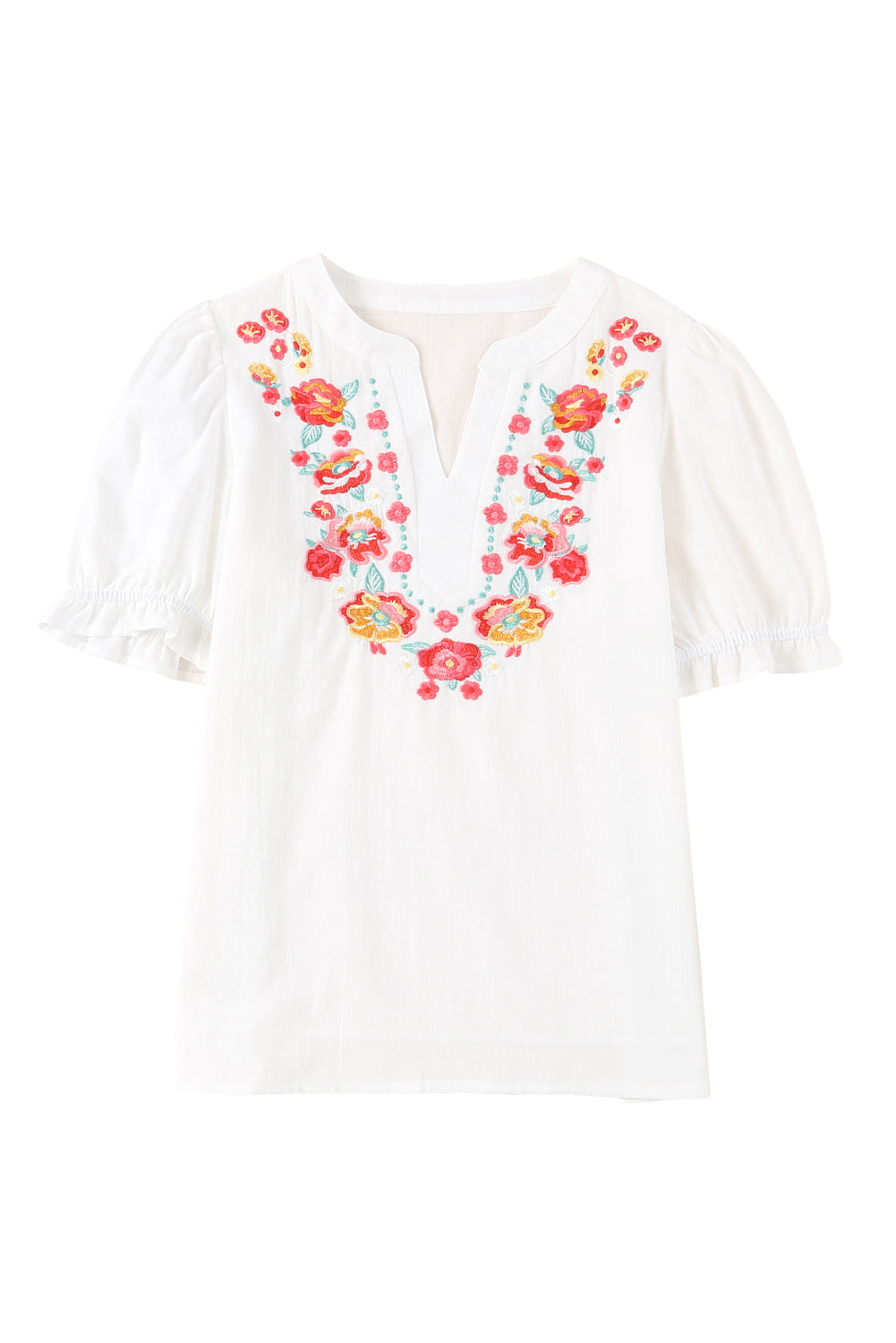 Embroidered Notched Neck Flounce Sleeve Top