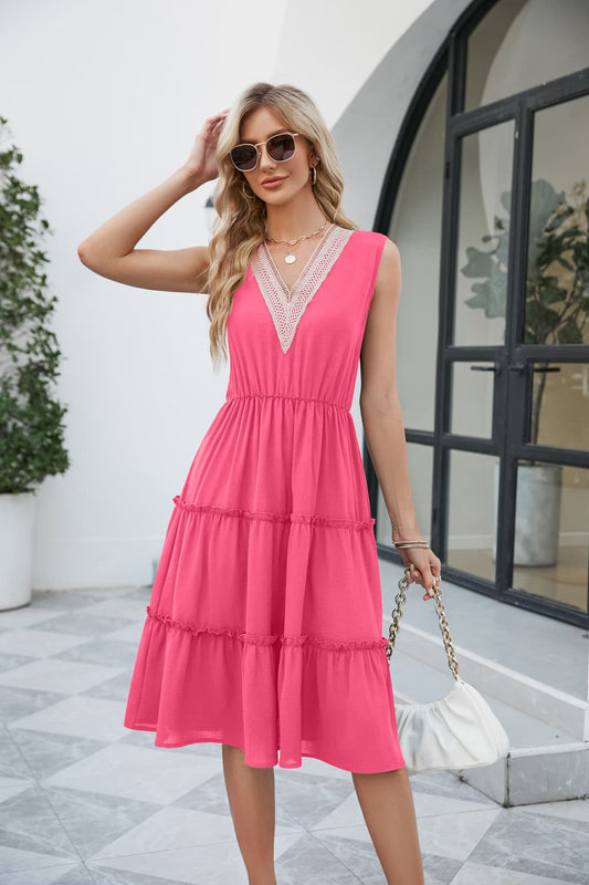 Contrast V-Neck Sleeveless Tiered Dress