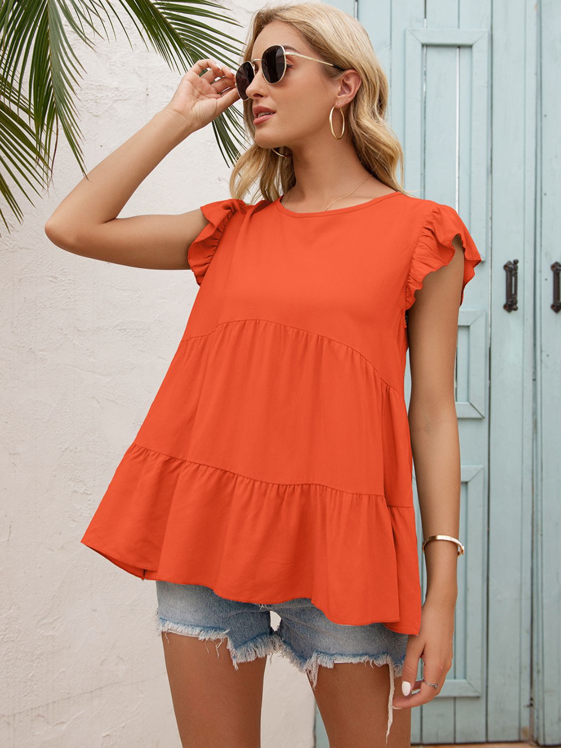 Round Neck Flutter Sleeve Tiered Blouse