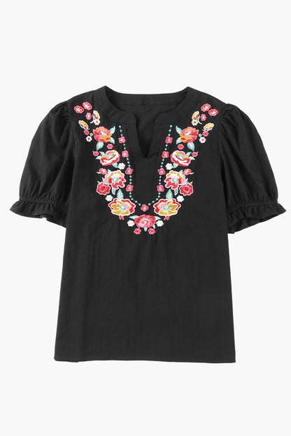 Embroidered Notched Neck Flounce Sleeve Top