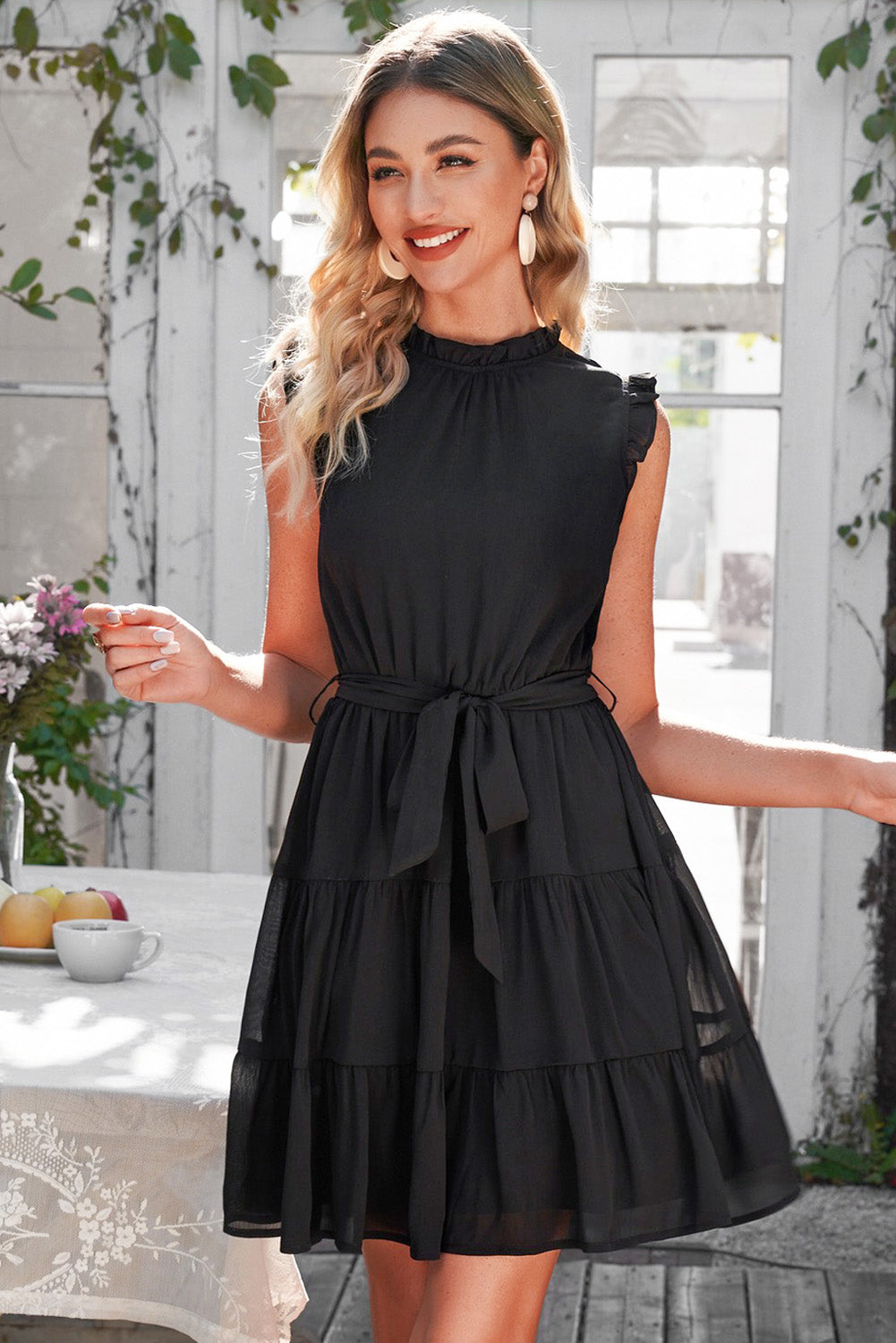 Ruffle Collar Tie Belt Tiered Dress