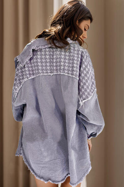 Houndstooth Raw Hem Dropped Shoulder Jacket