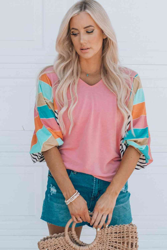 Striped Dolman Sleeve V-Neck Top